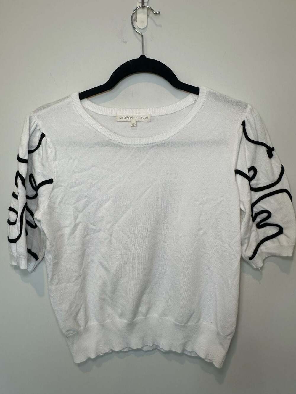 Madison + Hudson White Knit Short Sleeve Sweater with Black Abstract Embroidery